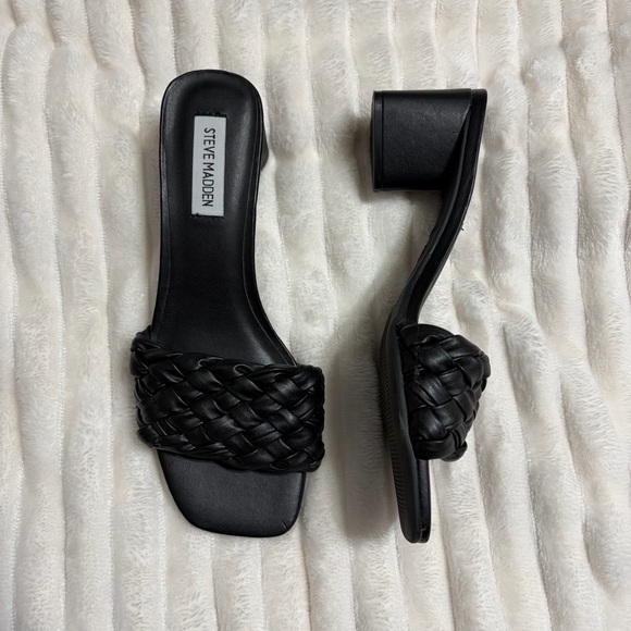 Steve Madden Palas Black Vegan Leather Braided Strap Square Toe Heel Sandal 7 - Picture 1 of 4